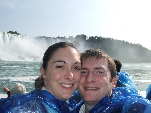 Tony and Suzy on the Maid of the Mist with the American Falls and Bridal Veil Falls behind them