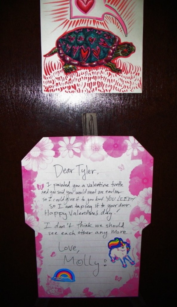 Dear Tyler, I painted you a valentine turtle and you said you would meet me earlier so I could give it to you, but YOU LIED! So, I am taping it to your door. Happy Valentine's day!  I don't think we should see each other any more.  Love, Molly!