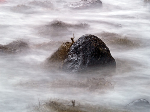 Photo of stone and seaweed in the ocean using 20 seconds long exposure