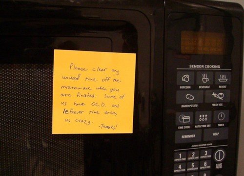 Please clear any unused time off the microwave when you are finished.  Some of us have O.C.D. and leftover time drives us crazy.  -Thanks!