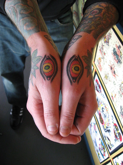 Tony Hundahl Tattooed Eyes on Hands of Steve Byrne
