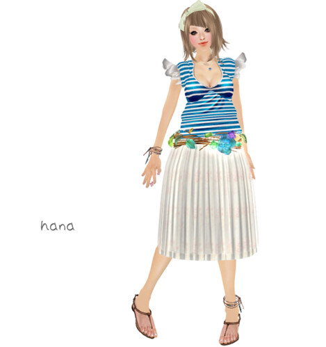 Blue** stripes and ruffled sleeves