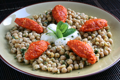 Chickpea Salad with Roasted Pepper Puree and Mozzarella