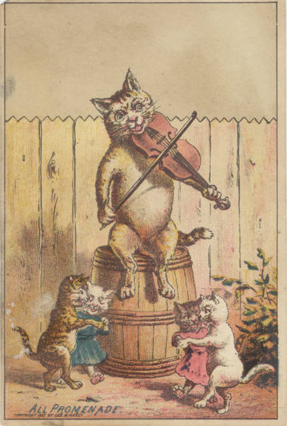 cat playing fiddle while other cats dance