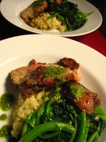 Roasted Pork with Salsa Verde, Risotto and Broccoli di Rape