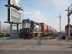 Northbound Norfolk Southern intermodal transfer train crossing South Archer Avenue near Chicago's Midway Airport.