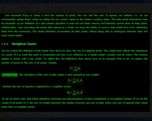 Screenshot of Lyx with green text on black background, Clutter Cloak does the rest