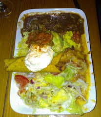 Amigos Gringo plate- chilli con carne burrito, fiesta chicken, beef flauta, rice, salad, guacamole, sour cream & salsa. $21.90