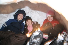Nate, Maddie and Em in the snow fort