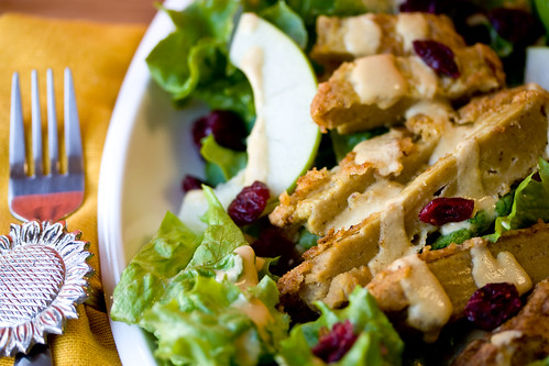 Apple Cranberry Salad with Fried Seitan and Almond Dijon Dressing