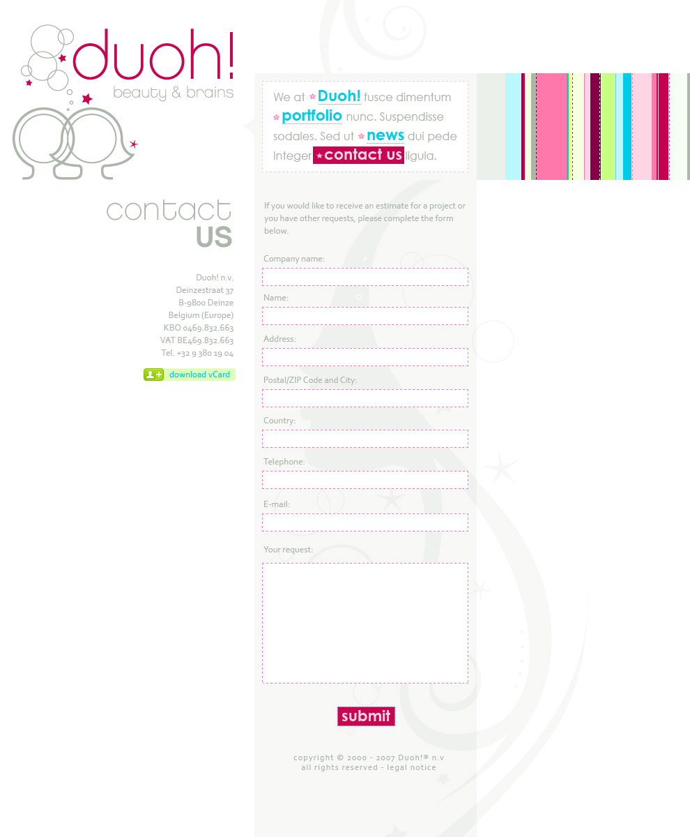 Rejected design for duoh.com - contact page