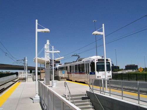  Denver RTD light rail train at the Nine Mile Station on the southeast 