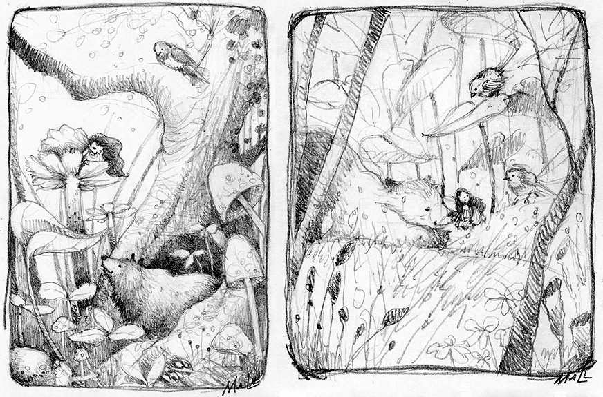 and bear of the second sketch and the girl and birds from the first one.