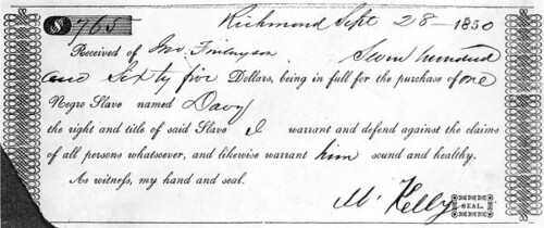 Photograph of a receipt for the purchase of a slave named Davy by State Library and Archives of Florida