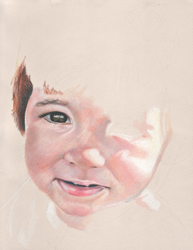 In progress scan of colored pencil portrait entitled Clara at 17 Months