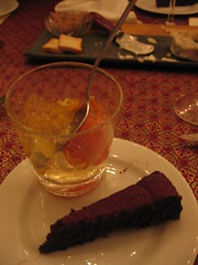 chocolate gateau and gelee of champagne with citrus fruits