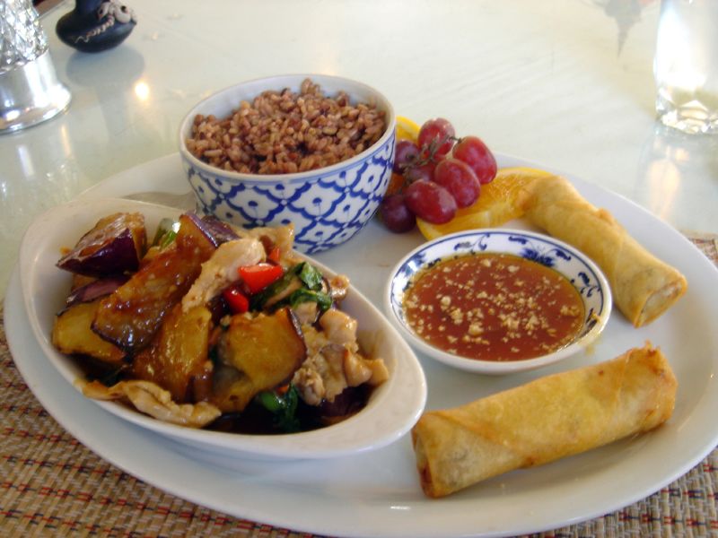 Vegetarian Spring Rolls, Eggplant with Chicken and Brown Rice