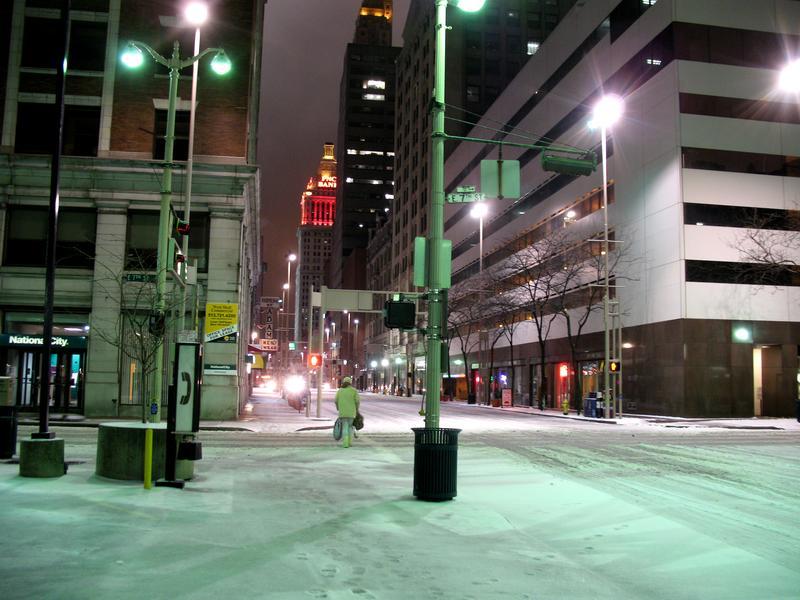 Downtown in the snow.