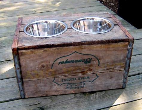 elevated dog feeder made from a wooden crate