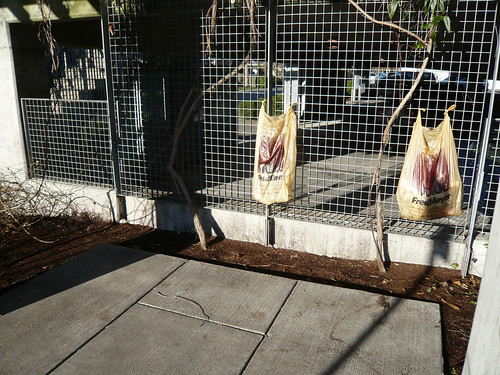 Trash bags tied to the parking garage