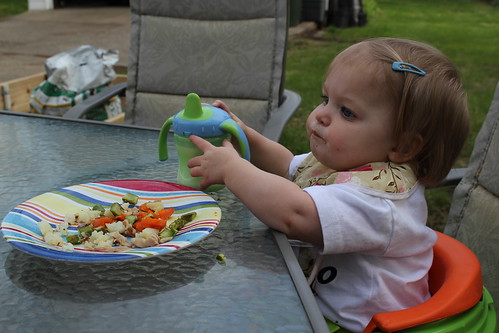 Annie's first meal at the patio table