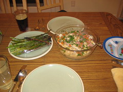 Valentine's Day dinner - Chicken fricassee over orzo and roasted asparagus