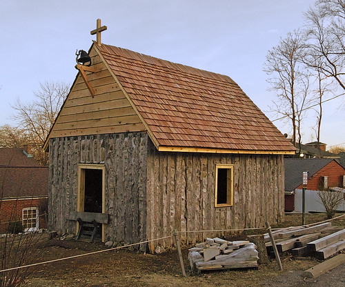 Reconstructed Saint Charles Borromeo log church, in Saint Charles, Missouri, USA