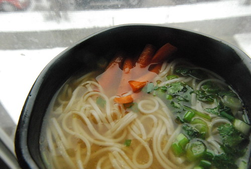 Noodles with veggies and snow