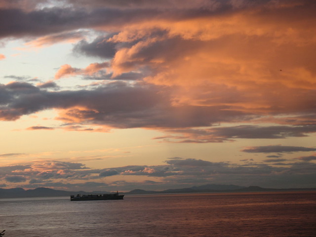 Container ship at dusk