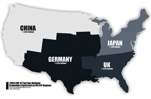 The GDP of Japan, Germany, China and the United Kingdom expressed as US Gross State Product regions on a map of the United States 
