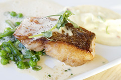 fish, peas, white wine sauce, anchovy mashed potatoes