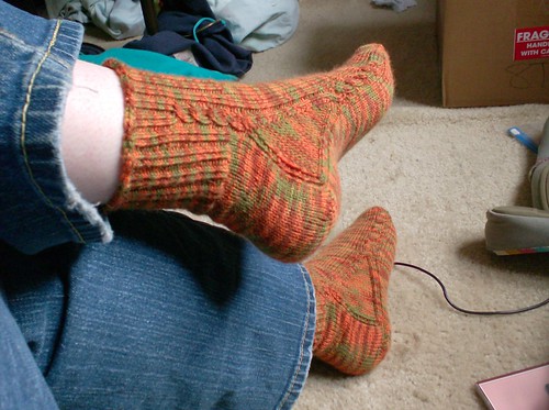 Yarnissima Brainless cabled knitted orange green and brown socks