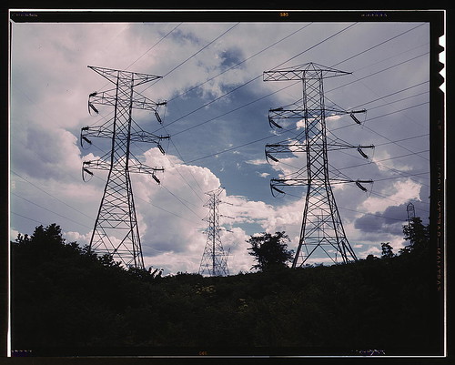 Transmission line towers and high tension lines that carry current generated at TVA's Wilson Dam hydroelectric plant, near Sheffield, Ala. (LOC)
