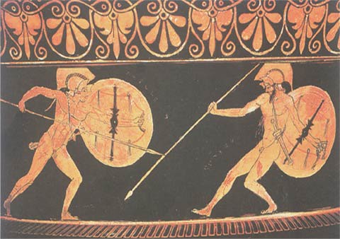 Achilles fighting with Hector, attic vase 490 BC