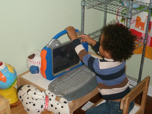 Setting up his "laptop"