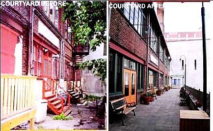 the courtyard of Asheville's Castanea Building, before and after, by Glazer Architecture