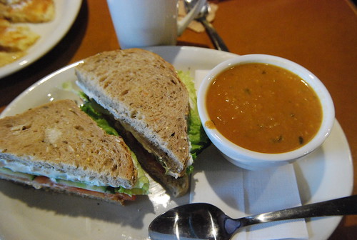 Vegetarian sandwich and spicy peanut soup
