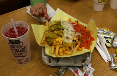 Chili Cheese Fries with tomatoes, pickles and ...