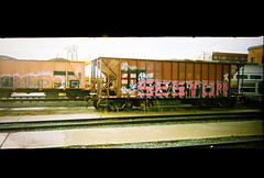 graffitied train cars