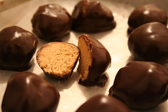 the inside of a chocolate peanut butter ball