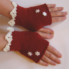 Red & White - Lace & Snowflakes Fingerless Gloves