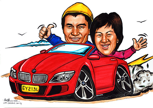 Caricatures couple BMW convertible