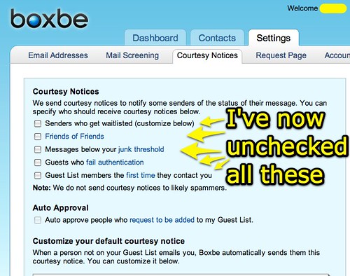 Boxbe: Courtesy Notices UNCHECKED