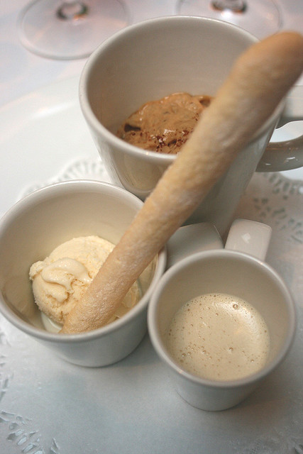 Tiramisu Rivisto - light coffee mousse, homemade Mascarpone Ice Cream with Savoiardi Biscotto, and Coffee Milkshake