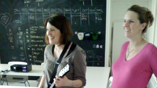Lisa and Gill rocking Guitar Hero and smiling