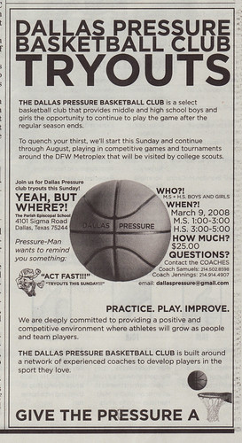 Dallas Pressure Basketball Club advertisement.  Dallas Morning News.  03.06.08.