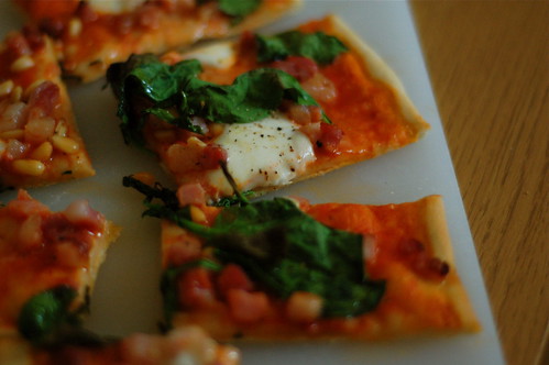 Pancetta, spinach and pinenut pizza
