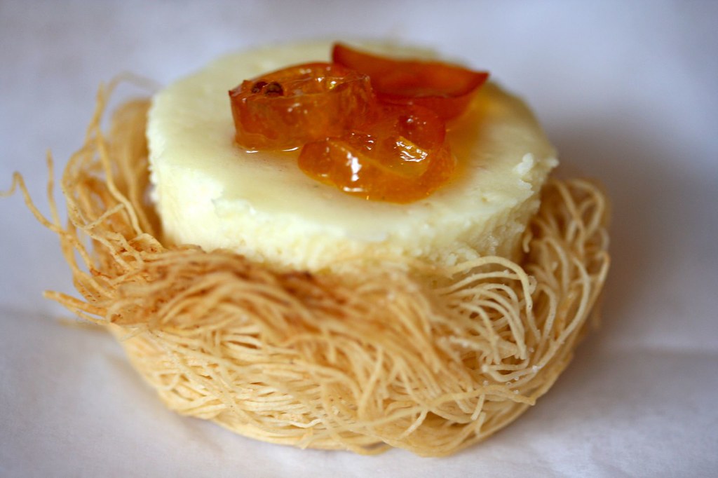 Goat Cheesecake with Candied Kumquats in a Kataifi Nest