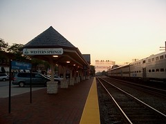 The Western Springs Illinois Metra commuter rail station at sunset. September 2006.