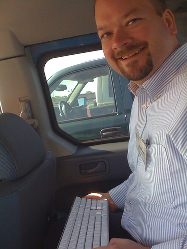 James Deaton with Lance's bluetooth Mac keyboard in his car